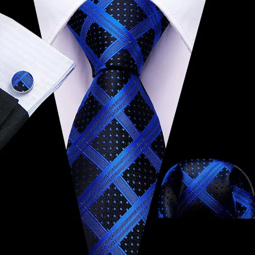 Vista 48 de Barry.Wang Juego de corbatas a cuadros para hombre con pañuelo gemelos de rayas clásicas
