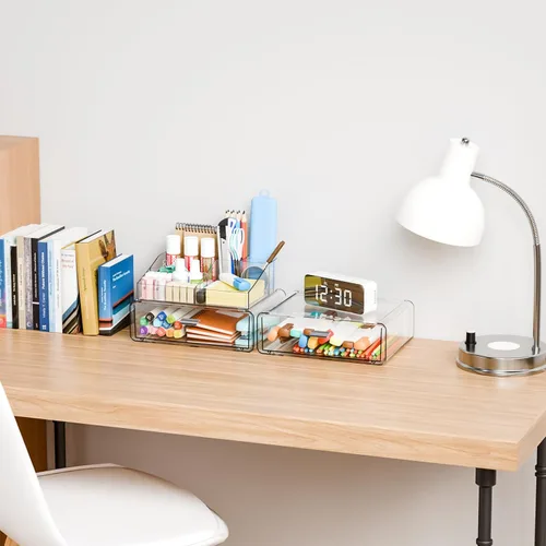 Vista 7 de Yieach Organizadores de maquillaje de 3 niveles en acrílico transparente con 2 cajones, soporte de maquillaje tiered de escritorio y organizadores
