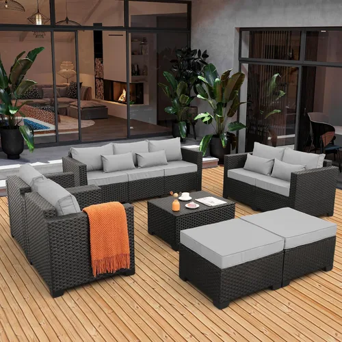 Vista 3 de Juego de muebles de patio, 7 piezas, muebles de exterior, juego de sofás seccionales de patio con mesa de almacenamiento, cojines gris claro