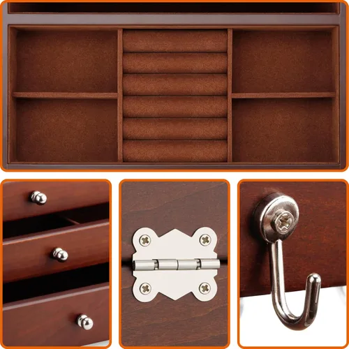 Vista 4 de RR ROUND RICH DESIGN Dignified - Joyero de madera maciza con gran espacio, almacenamiento multifunción con espejo y 3 cajones para mujer