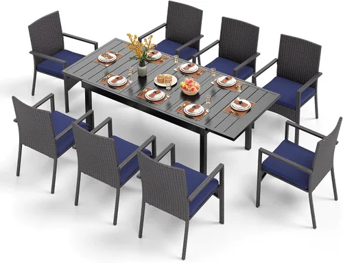Vista 19 de PHI VILLA Juego de comedor al aire libre de 7 piezas para 6, mesa rectangular de hierro forjado de 152 cm con orificio para sombrilla y sillas