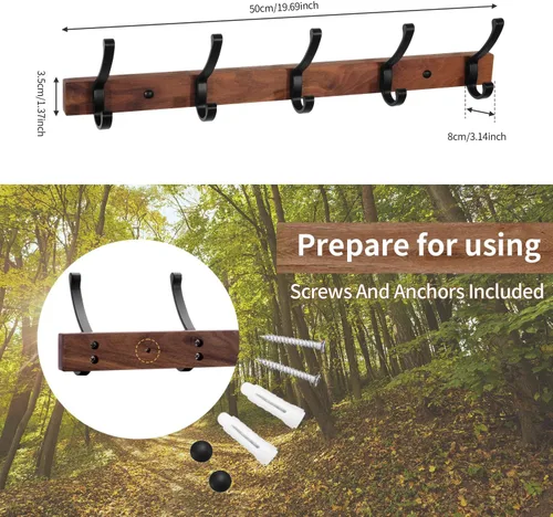 Vista 4 de Perchero de pared montado, estante de gancho de madera de nogal resistente con 5 ganchos dobles de metal para colgar abrigos, colgador de abrigos