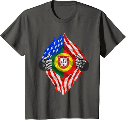 Vista 39 de Camiseta de bandera de Estados Unidos con diseño de raíces portuguesas, Negro, S