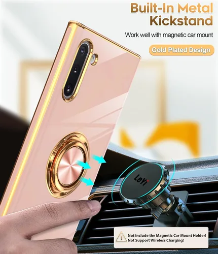 Vista 5 de LeYi Funda para Note 10 - Soporte de anillo giratorio de 360°, soporte magnético, funda protectora con borde de oro rosa chapado