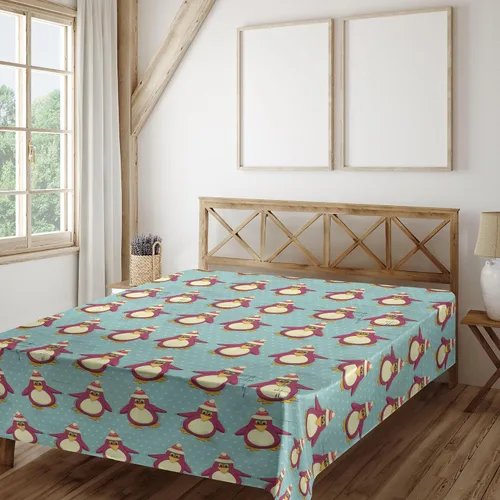 Vista 2 de Ambesonne Christmas Flat Sheet, Vintage Holiday Pattern with Penguins Funny Arctic Animals Xmas in North Pole, Soft and Comfortable Top Sheet