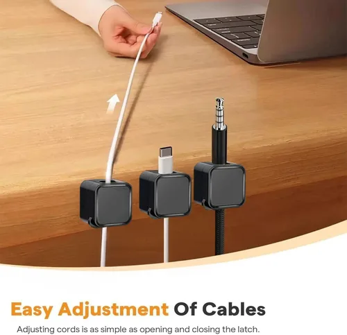 Vista 4 de Paquete de 6 soportes magnéticos para cables negros, clips adhesivos para cable de escritorio y automóvil, organizador de cables para mesita