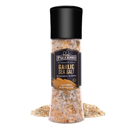 Vista 6 de Papa Palermo Condimento de sal marina de ajo con molinillo, Kosher, todo natural, sin aditivos, 9.52 onzas
