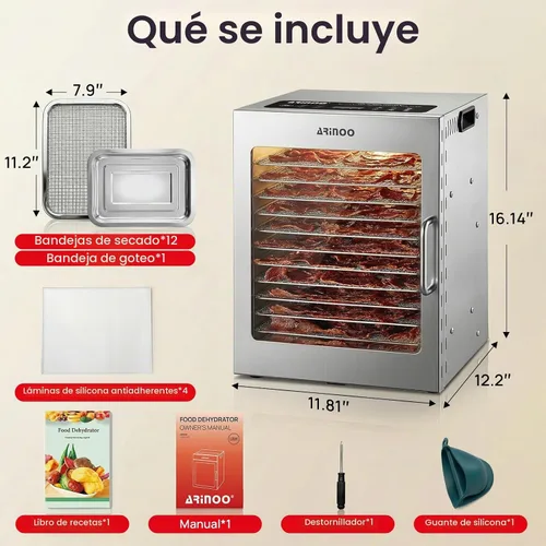Vista 9 de Máquina deshidratadora de alimentos con 12 bandejas de acero Control de temperatura de 85 ° a 195 °F, potente 800 W, secadora de alimentos
