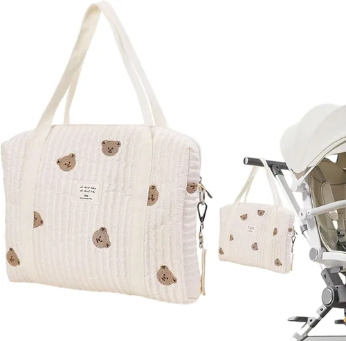 Vista 8 de Bolsa de pañales de algodón para bebé, bolsa de pañales de gran capacidad, bolsa de almacenamiento para cochecito de bebé, bolsa de almacenamiento