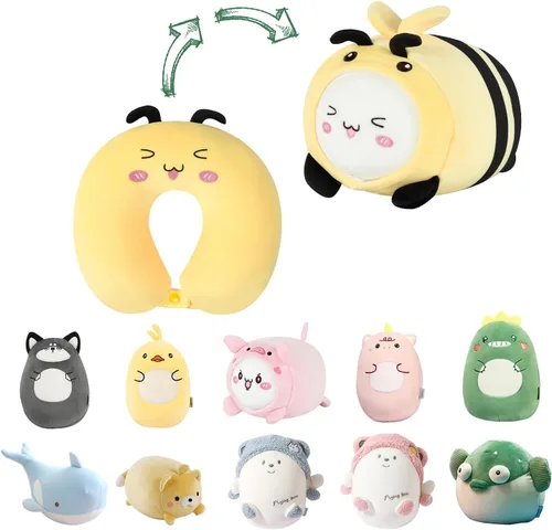 Vista 14 de Almohada de viaje para niños, almohada de cuello deformable 2 en 1 para niños, almohada suave en forma de U con adorable diseño de animales, cómodo