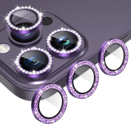 Vista 16 de AGVEE 3+3 Protector de Lente de Cámara para iPhone 14 6.1" / 14 Plus 6.7", Diamante Brillante y Anillo de Metal con Purpurina Brillante Vidrio negro