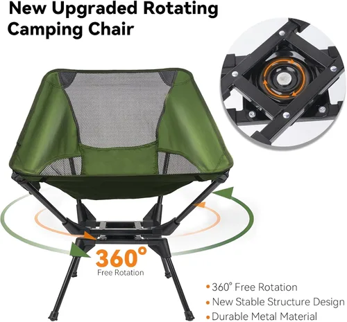 Vista 4 de Silla de camping giratoria de 360° mejorada para adultos, silla plegable portátil con soporte para tazas, mochila compacta ligera para exteriores