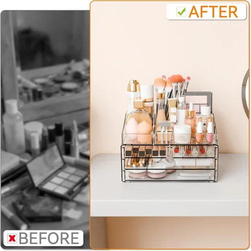 Vista 7 de Yieach Organizadores de maquillaje acrílico para mostrador, escritorio y tocador, paquete de 2 organizadores apilables para encimera de baño