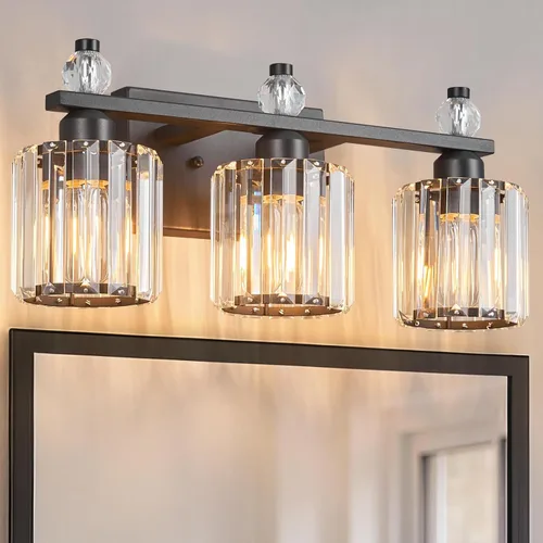 Vista 19 de Luces de Tocador de Baño de 3 Luces, Placado Negro, Modernas Luces de Tocador de Cristal para Baño, Luces de Tocador de Cristal para Usar Sobre