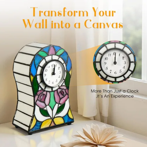 Vista 5 de Lámpara estilo Tiffany con estampado de rosas Pequeña lámpara de vitral, lámpara de reloj creativo, decoración para sala de estar, salón, comedor