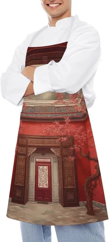 Vista 4 de MUSM Apron for Adults - 27.6 X 31.5 Inch, Heavy-Duty Polyester Aprons with Two Large Pockets, Waterproof Red Oriental Painting Kitchen Apron for
