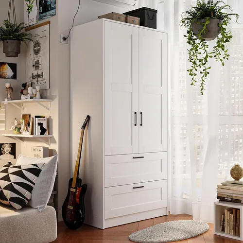 Vista 7 de Fddevelop Fenghua Lizhi Armario Guardarropa de Madera Blanca con 2 Puertas, Armario Independiente para Dormitorio con Estantes, Combinación