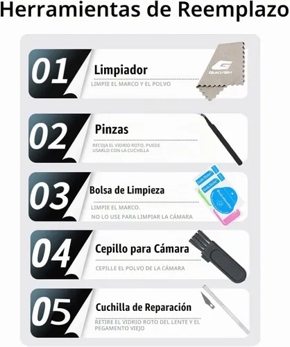 Vista 5 de Fundas de lente de cámara de repuesto para iPhone 13 Pro y 13Pro Max, repuesto de vidrio Len con adhesivo de doble cara y kit de herramientas
