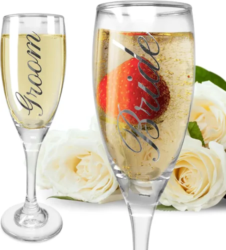 Vista 6 de BANBERRY DESIGNS Juego de 2 copas de champán para novia y novio, copas plateadas para brindis de boda de 6 onzas, elegantes copas de champán
