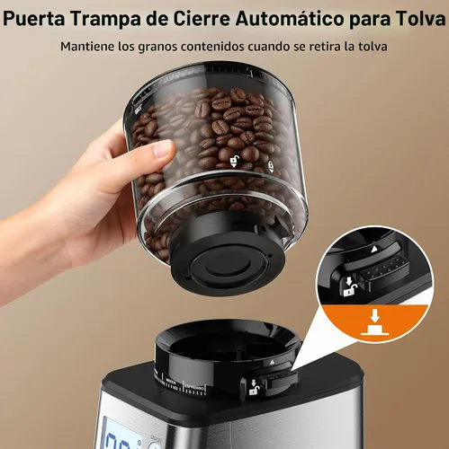 Vista 3 de Molinillo de café cónico, 51 ajustes precisos de molienda automática, pantalla LED inteligente de doble control, 1-12 tazas, con soporte