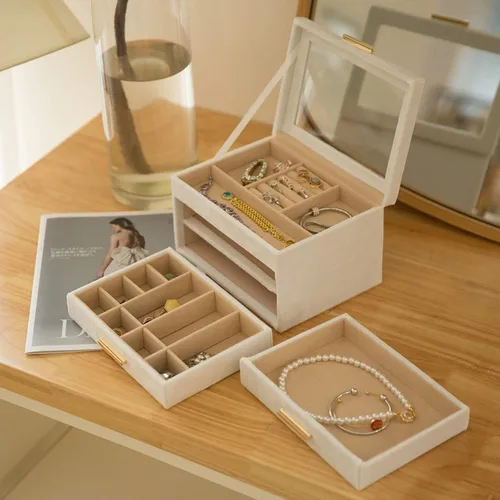 Vista 4 de Organizador de joyas de terciopelo de felpa con 3 cajones cajas de joyería grandes para mujeres con tapa acrílica transparente para almacenamiento