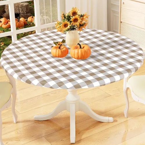 Vista 11 de misaya Mantel redondo ajustable con borde elástico, mantel de vinilo impermeable a cuadros de búfalo con parte trasera de franela para mesas Cuadros