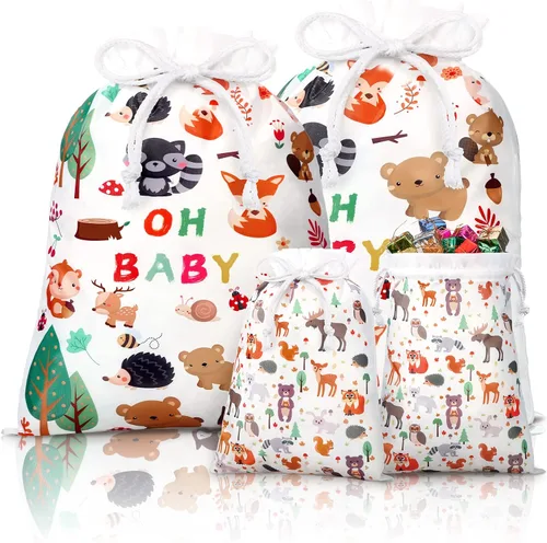 Vista 9 de Sadnyy 4 bolsas de regalo para baby shower, grandes elefantes rosas con cordón de tela, para baby shower, cumpleaños infantil, fiesta de revelación