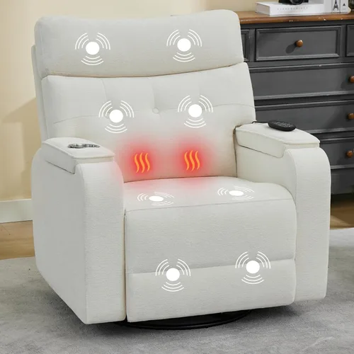 Vista 16 de Rocker - Silla reclinable para cuarto de bebé, mecedora giratoria con calor y masaje, para sala de estar, color gris claro Cuero Gris Claro