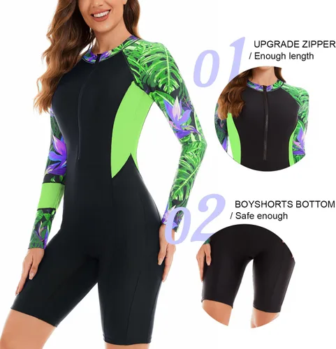 Vista 4 de NESY Traje de baño de una pieza de manga larga para mujer, traje de baño Boyleg Rash Guard UPF 50+, traje de baño deportivo para surf