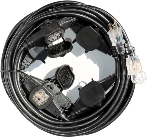 Vista 12 de Cable de Extensión de Corriente de 25 Pies con 3 Clavijas, Cable SJTW Calibre 12 5-15R de Enchufe Macho a Conector Hembra, 7 Tomacorrientes