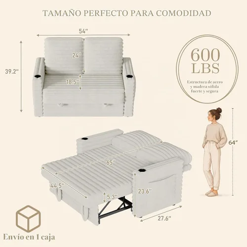 Vista 2 de Wrofly Sofá cama convertible 3 en 1, sofá cama extraíble para sala de estar con bolsillos laterales, portavasos y puerto de carga USB, respaldo