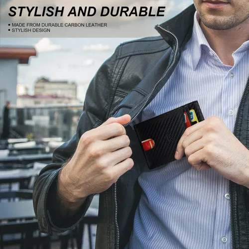 Vista 7 de GOSALISU Cartera delgada para hombre con clip para dinero, 11 ranuras, bloqueo RFID, bolsillo frontal, billetera plegable con 2 ventanas
