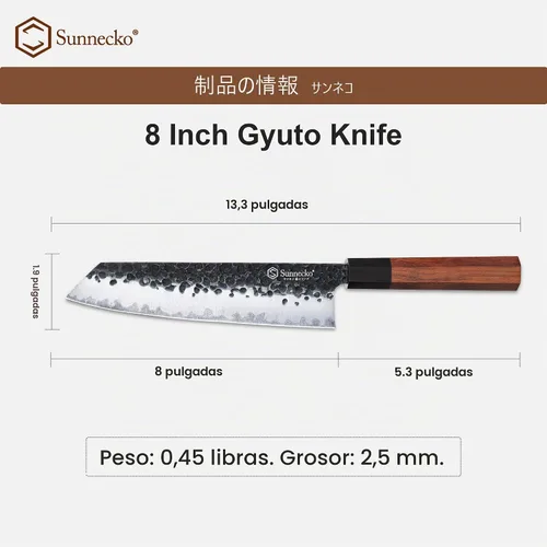 Vista 7 de Sunnecko Cuchillo de chef japonés de 8 pulgadas, cuchillo de chef con mango de madera, cuchillo de cocinero de acero de alto carbono, cuchillo Gyuto