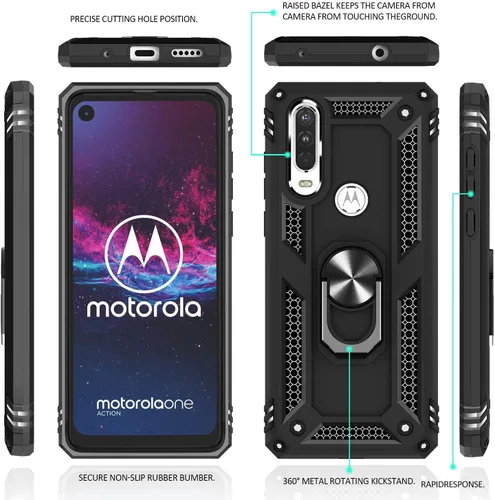 Vista 6 de YaHan Funda para Motorola Moto P40 Power/Moto One Action, 360 grados con anillo giratorio con función atril híbrida resistente de doble capa a
