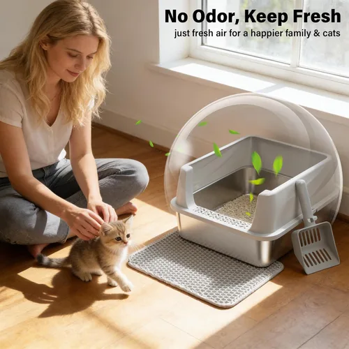 Vista 6 de Caja de arena de acero inoxidable con tapa, caja de arena para gatos