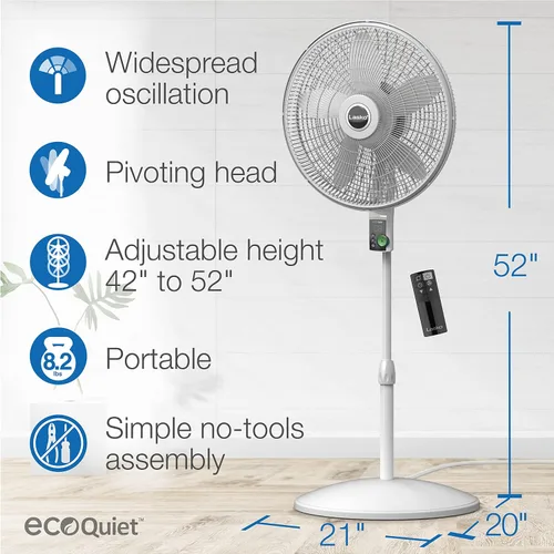 Vista 6 de Lasko EcoQuiet - Ventilador de pedestal oscilante con motor silencioso de corriente continua, 12 velocidades, temporizador de 8 horas, altura