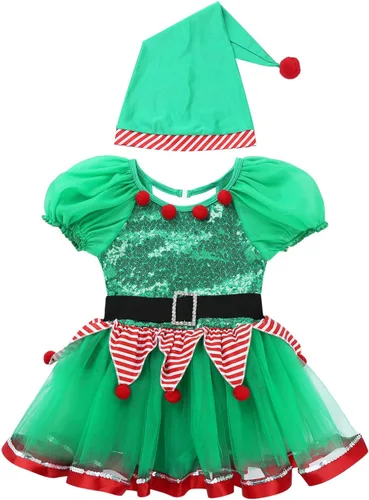 Vista 3 de Jugaoge Vestido de baile tutú de lentejuelas para niños y niñas, disfraz de elfo de Papá Noel, fiesta de Navidad, traje festivo