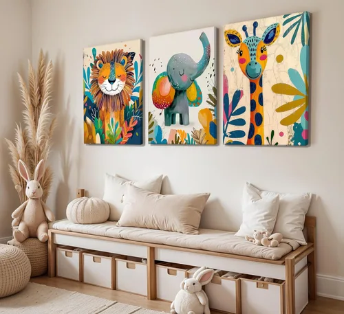 Vista 5 de 3 piezas de lienzo de animales de safari para guardería, arte de pared, lindo elefante acuarela, jirafa, león, decoración de pared, coloridos Póster
