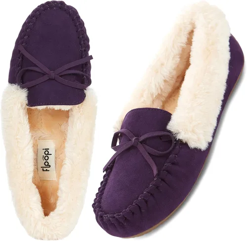 Vista 30 de Floopi Pantuflas para mujer, forro de piel sintética suave con espuma viscoelástica acogedora, pantuflas de casa para mujer con suela antideslizante