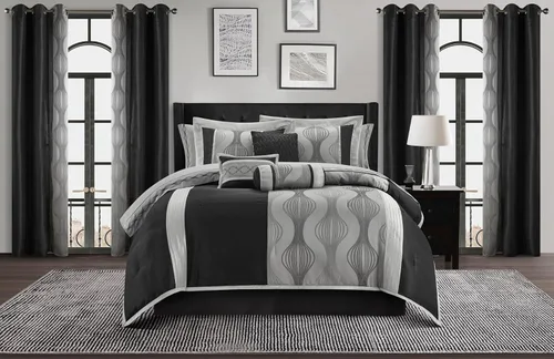 Vista 15 de Grand Avenue - Juego elegante de edredón negro y dorado, a rayas, 7 piezas de juego de cama de jacquard con edredón para todas las estaciones