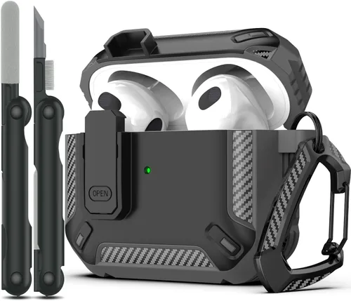 Vista 14 de RFUNGUANGO Funda para AirPod de 2ª generación con kit de limpieza, armadura protectora de carcasa dura militar con bloqueo para funda de carga
