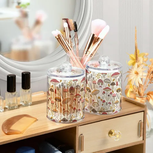Vista 6 de Paquete de 2 tarros de boticario para baño, coloridos setas, dispensador de plástico transparente con tapa para bolas de algodón, hisopo de algodón
