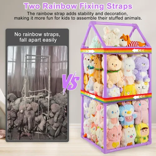 Vista 5 de Basumee Almacenamiento de animales de peluche, zoológico, para niños, con dos correas de arco iris, tubo de PVC, organizador de almacenamiento