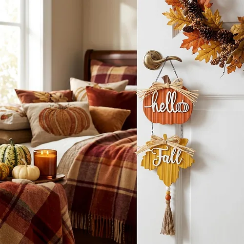 Vista 3 de Valery Madelyn Decoraciones de otoño para el hogar, decoración de pared de otoño con calabaza y hoja de arce, coronas rústicas de otoño, decoración