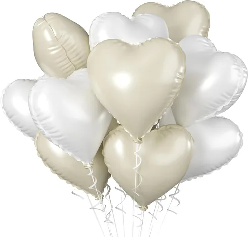 Vista 17 de Globos de corazón azul bebé, 10 piezas de globos en forma de corazón azul claro y blanco pastel, globos de papel de aluminio blanco arena crema