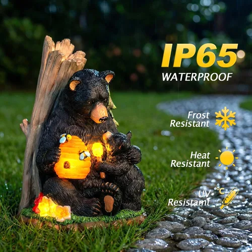 Vista 3 de Candieslife Estatua de jardín de oso solar con colmena brillante y cachorro, figura LED para exteriores, decoración para patio, césped, arte