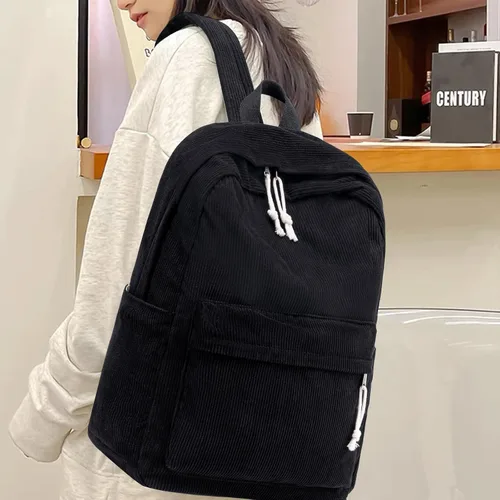 Vista 7 de Bluboon Mochila para niñas escolares y niñas, bonita mochila de pana para niños, mochila para laptop, regalos para mujeres, Negro (Corduroy Black)