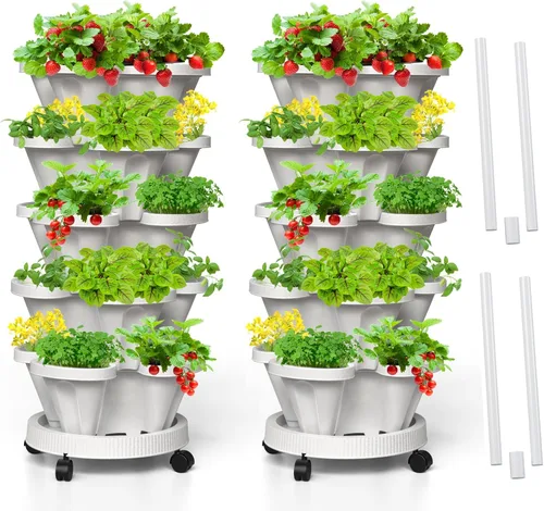 Vista 18 de Macetas verticales de fresa, paquete de 2 unidades, torre apilable de 5 niveles con poste de soporte, macetas apilables para hierbas y verduras