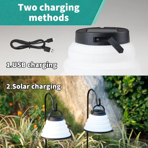 Vista 8 de Paquete de 2 luces solares plegables para camping, LED, portátil, USB, multicolor, 6 modos de color, lámpara impermeable para huracanes, cortes