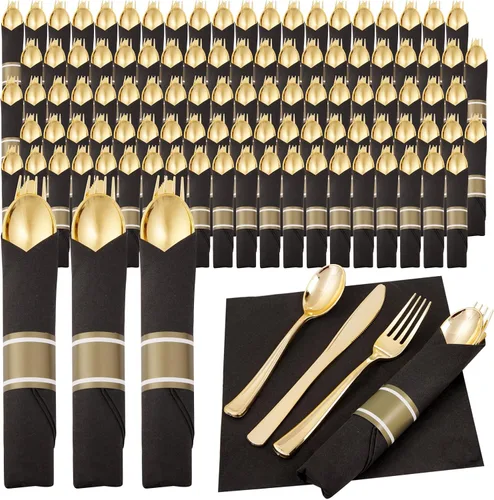 Vista 18 de Supernal Juego de 30 Cubiertos de Plástico Dorado Preenvueltos con Servilletas, Juego de Cubiertos de Plástico Envueltos, Utensilios Desechables